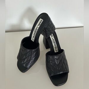 KARL LAGERFELD PARIS SHEENA WOVEN LEATHER BLOCK HEEL MULES IN BLACK US 8